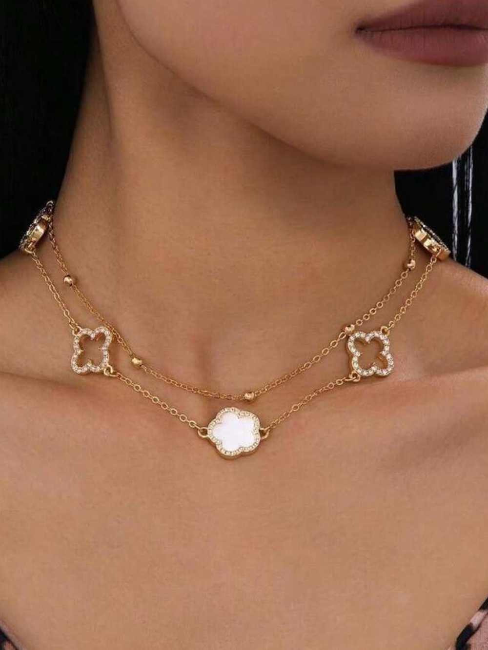 Macy's Gold Layered Clover Necklace with White Accents